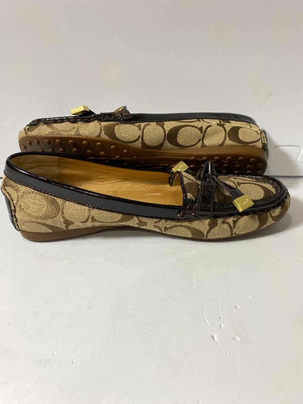 COACH Frida Signature Monogram Logo Canvas Bow Loafer Flats Black Patent Trim 8 - Picture 5 of 11